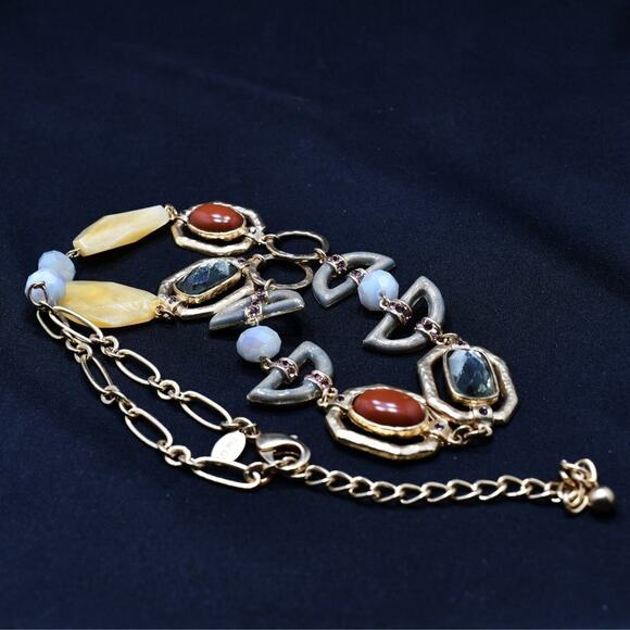 Chico’s Hammered Gold Link Necklace Faux Stones Enamel 29” Statement Jewelry - Picture 4 of 8